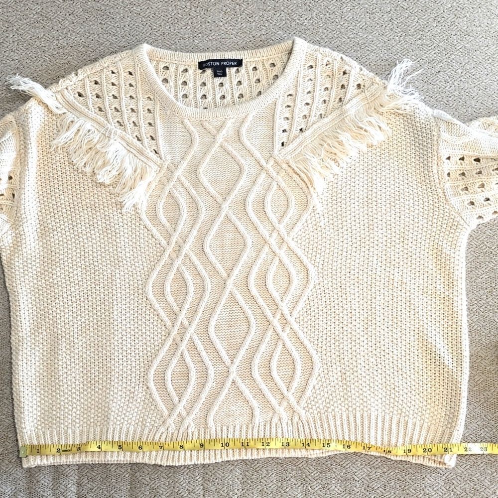 Boston Proper Oatmeal Cream Cable Knit Fringe Sweater - Size Large - Picture 8 of 14